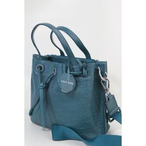 COLE HAAN Teal Pebbled Leather Small Bucket Bag Crossbody Drawstring Purse